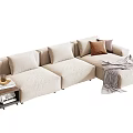 Beige Sectional Sofa With Plush Cushions Side Table Magazines And Patterned Throw Blanket 3d model