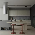 Modern Kitchen Interior With Island Counter Stools And Light Dark Cabinets Range Hood 3d model