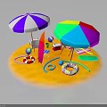 Colorful Beach Scene With Striped And Multicolored Umbrellas Surfboard Beach Ball And Inflatable Ring