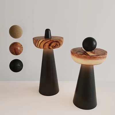 Modern Table Lamps With Black Cone Base Wooden Top And Various Material Spheres 3d model
