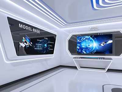 Futuristic White Exhibition Hall Featuring Model Base Sign Large Screen Earth Spaceship And Illuminated Lines 3d model