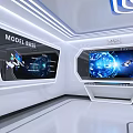 Futuristic White Exhibition Hall Featuring Model Base Sign Large Screen Earth Spaceship And Illuminated Lines