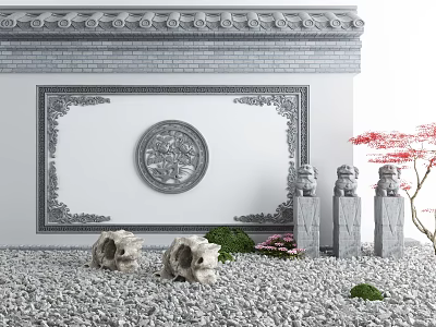 Traditional Chinese Memorial Archway With Circular Carved Relief Stone Lions Red Maple Tree And Gravel 3d model