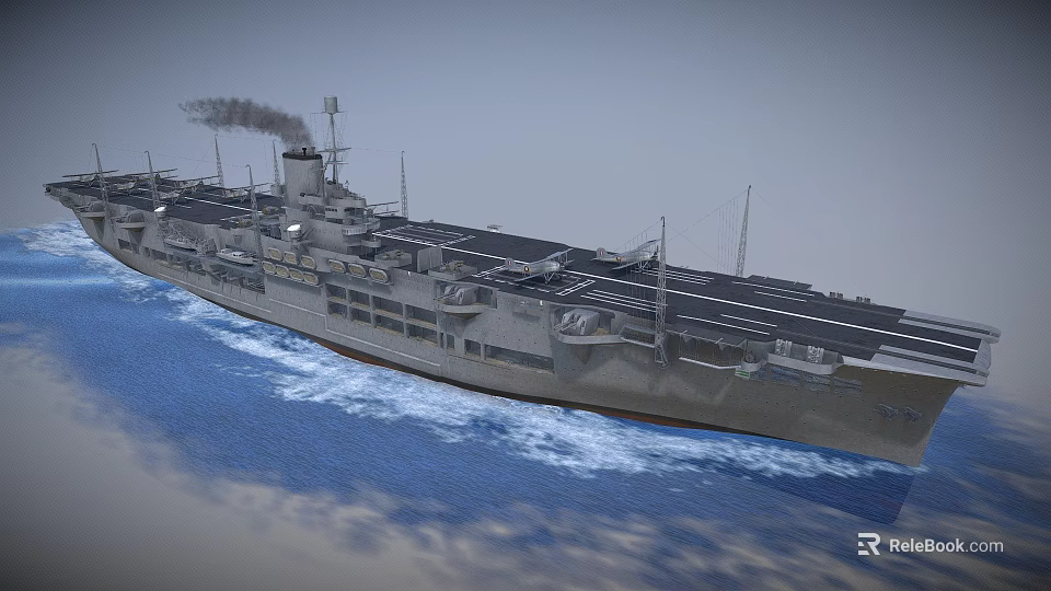 Military Aircraft Carrier Sailing On Blue Ocean With Smoking Stack And Flight Deck Runway 3d model 