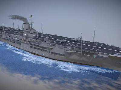Military Aircraft Carrier Sailing On Blue Ocean With Smoking Stack And Flight Deck Runway 3d model