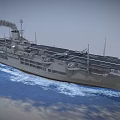 Military Aircraft Carrier Sailing On Blue Ocean With Smoking Stack And Flight Deck Runway