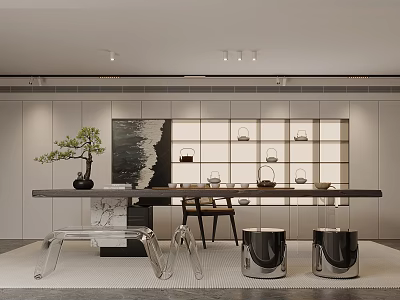 Modern Tea Room With Long Table Bonsai And Display Shelves 3d model