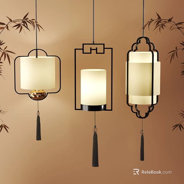 Traditional Chinese Pendant Lights With Black Metal Frames Fabric Shades And Tassels 3d model 