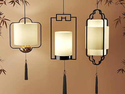 Traditional Chinese Pendant Lights With Black Metal Frames Fabric Shades And Tassels 3d model