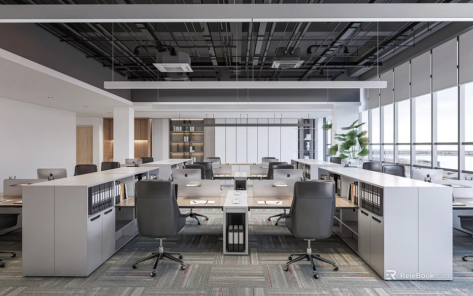 Bright Modern Public Office Space With Work Desks File Cabinets Green Plants And Large Windows 3d model 