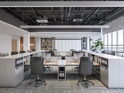 Bright Modern Public Office Space With Work Desks File Cabinets Green Plants And Large Windows 3d model