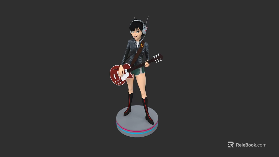 Game Anime Character With Guitar Black Coat Short Skirt Knee High Boots On Round Base 3d model 