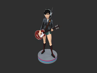 Game Anime Character With Guitar Black Coat Short Skirt Knee High Boots On Round Base 3d model