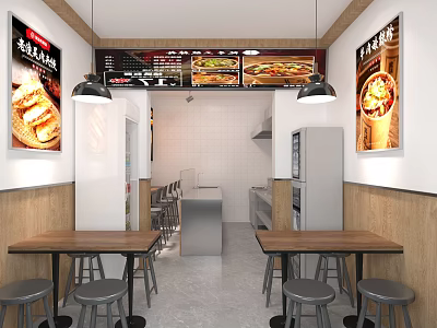 Modern Restaurant Interior With Open Kitchen Wooden Tables And Food Posters 3d model