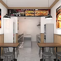 Modern Restaurant Interior With Open Kitchen Wooden Tables And Food Posters