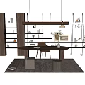 Modern Wooden Table And Chair Set With Bookshelves And Decorative Items On Rug