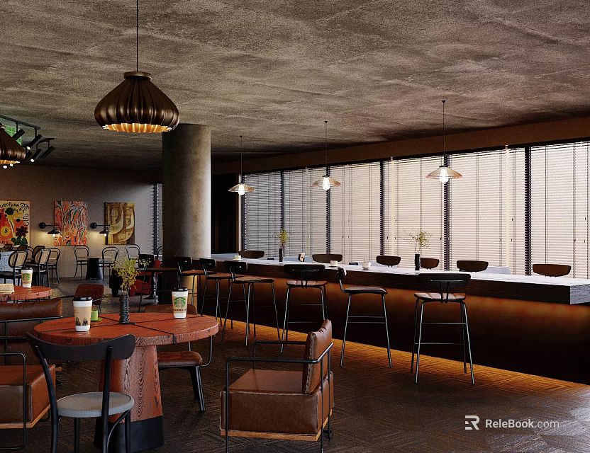 Modern Cafe Interior With Round Tables Leather Chairs Bar Counter And Pendant Lamps 3d model 