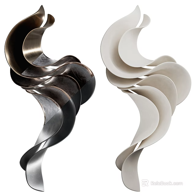 Modern Abstract Wall Decor with Spiral Metal and White Curved Pieces for Contemporary Interior Design 3d model 