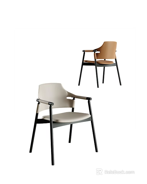 Modern Beige and Brown Dining Chairs with Armrests and Black Metal Legs 3d model 