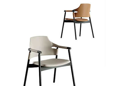 Modern Beige and Brown Dining Chairs with Armrests and Black Metal Legs 3d model