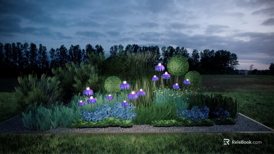 Purple Illuminated Outdoor Lights In Garden With Flower Shaped Design And Green Plants 3d model 