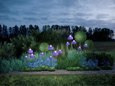 Purple Illuminated Outdoor Lights In Garden With Flower Shaped Design And Green Plants 3d model