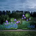 Purple Illuminated Outdoor Lights In Garden With Flower Shaped Design And Green Plants