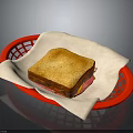 Toasted Sandwich With Golden Crust Served In Red Basket With White Paper