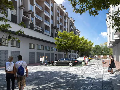 Modern Residential Entrance Gate with Surrounding Apartment Buildings Pedestrians and Green Trees 3d model