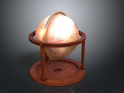 Vintage Globe Display On Wooden Stand With Supporting Frame And Base 3d model