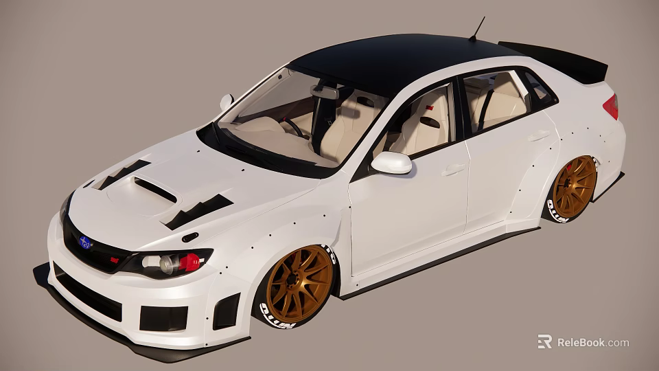 White Modified Car With Black Roof Golden Wheels And Racing Style Body Kit 3d model 
