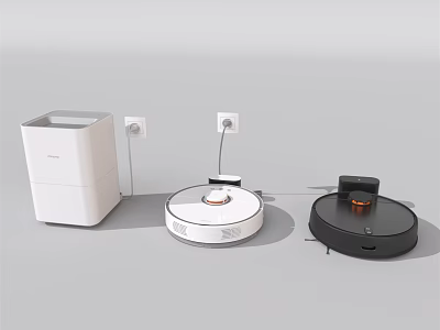 Household Electrical Appliances Including White Upright Appliance White And Black Robotic Vacuum Cleaners Plugged In 3d model
