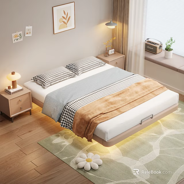 Cozy Modern Bedroom With Platform Bed Wooden Floor Rug And Nightstand Table Lamp 3d model 