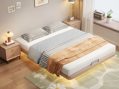 Cozy Modern Bedroom With Platform Bed Wooden Floor Rug And Nightstand Table Lamp 3d model