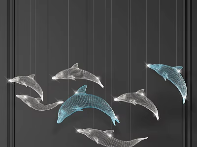 Dolphin Shaped Crystal Chandeliers with Transparent Lines Silver and Blue Illuminated Effect on Grey Background 3d model