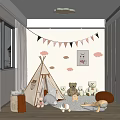 Modern Playroom Interior With Teepee Tent Stuffed Bears Cloud Decorations And Bunting Flags