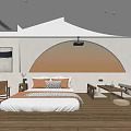 Minimalist Hotel Guest Room Interior With Arched Headboard Bed Nightstand Armchair And Soft Lighting