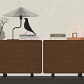 Wooden Bedside Tables with Drawers Wheels Lamp Flower Vase Bird Ornament and Books