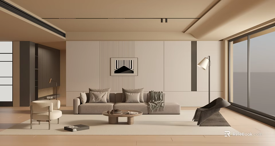 Modern Living Room Interior With Beige Sofa Pillows Wooden Coffee Table And Wall Art 3d model 