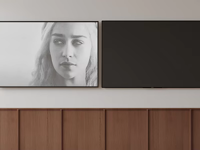 Two Modern Televisions Mounted On Wooden Wall One Displaying Image And The Other Black Screen 3d model