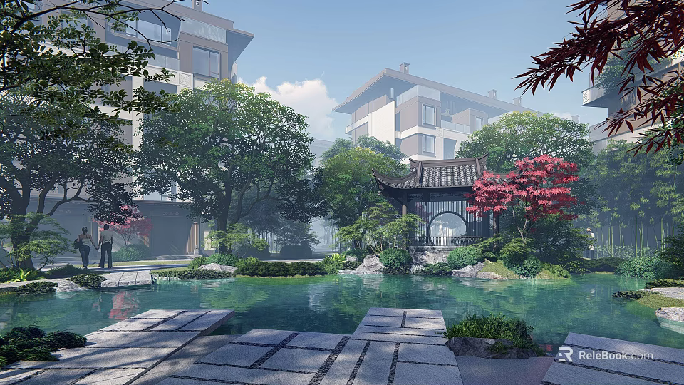 Rockery Stones In Natural Garden Landscape With Pond Pavilion Red Flowering Tree And Stone Pathway 3d model 