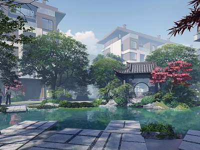 Rockery Stones In Natural Garden Landscape With Pond Pavilion Red Flowering Tree And Stone Pathway 3d model