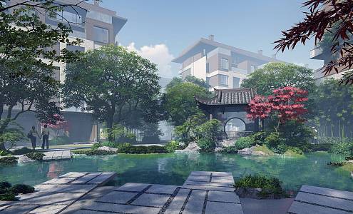 Chinese-style courtyard rockery pavilion stacked water courtyard 3d model