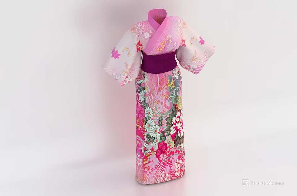 Traditional Japanese Kimono Pink And White With Cherry Blossom Floral Patterns And Purple Obi 3d model 