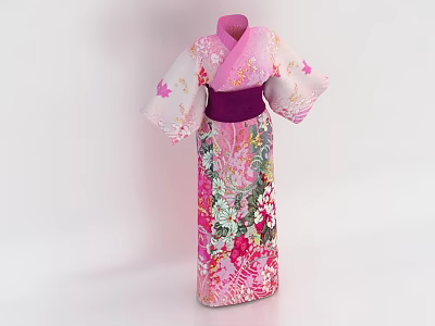 Traditional Japanese Kimono Pink And White With Cherry Blossom Floral Patterns And Purple Obi 3d model