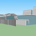 Modern Architectural Building With Streamlined Design Glass Curtain Walls And Blue Roof