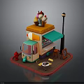 Colorful Ice Cream Cart Setup With Stacked Ice Cream Cones Street Lamp Tables Chairs