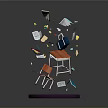 Modern Scene With Floating Books Desk Chair And Purple Checkered Base