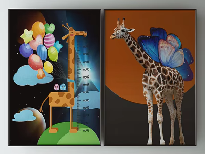 Colorful Giraffe Animal Paintings With Balloons Stars Clouds Butterfly Wings And Orange Space Backgrounds 3d model