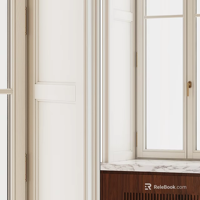 Modern White Casement Windows With Sleek Frame And Brass Handle On Marble Windowsill 3d model 